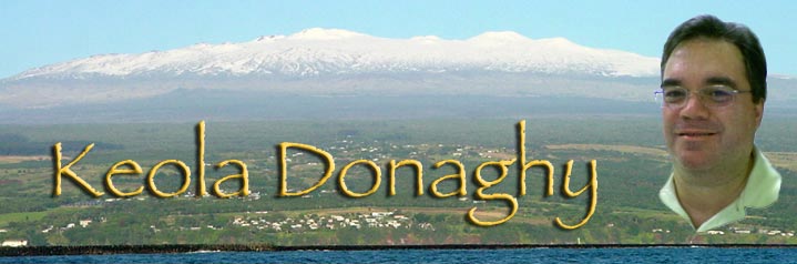 Keola's portrait superimposed over a snow-covered Mauna Kea, with the name 'Keola Donaghy' in gold lettering
