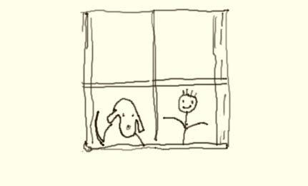 Stick figure of dog and small 
boy looking out window.