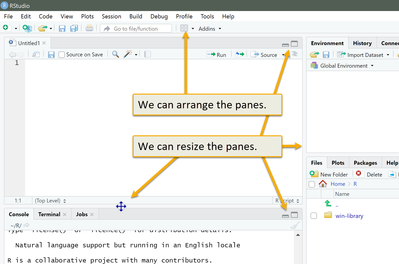 Arranging panes by dragging borders to resize panes and clicking the minimize and maximize icons.