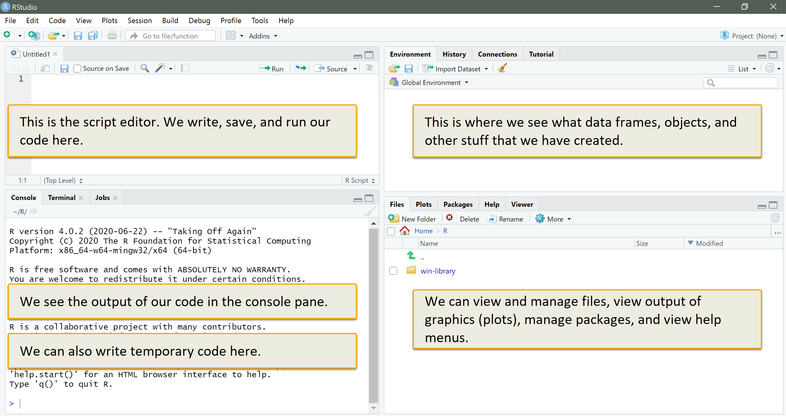 The four panes of the RStudio environment are the script editor, the environment et al., the console., et al., and the files, et al.